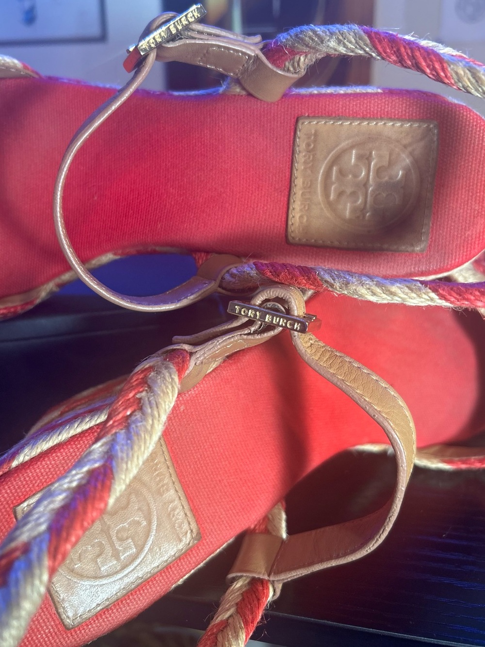 Tory Burch Red/Pink and Tan Camelia Espadrille Wedge Sandals - Picture 6 of 10
